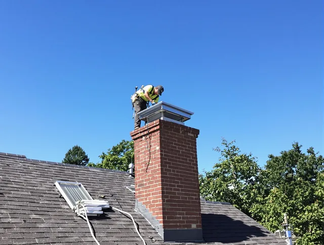 Heath Chimney Sweep technician measuring a chimney cap in Heath, OH
