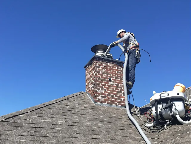 Dedicated Heath Chimney Sweep team member cleaning a chimney in Heath, OH