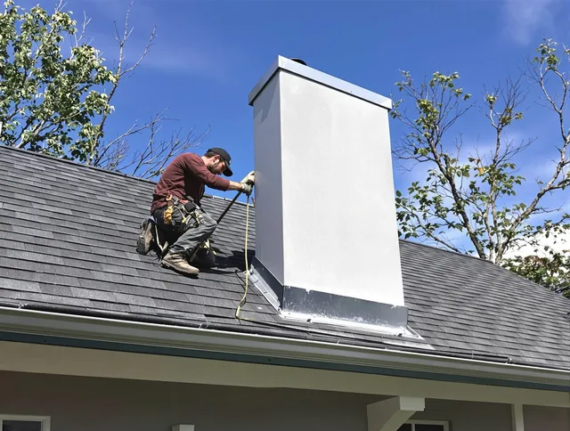 Heath Chimney Sweep team member finishing chimney construction in Heath, OH