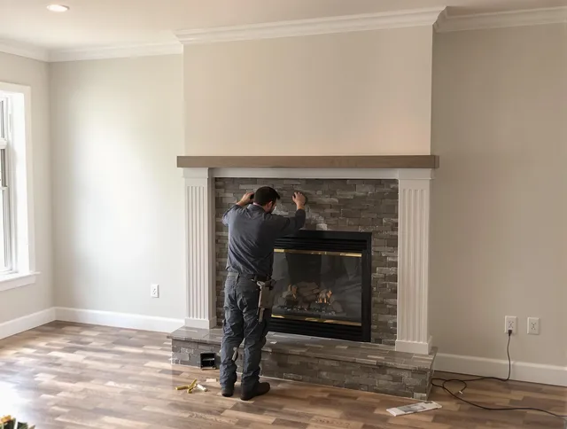 Heath Chimney Sweep finishing a custom fireplace install in Heath, OH